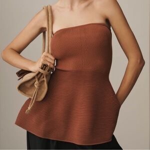 🟠NWT MAEVE by ANTHROPOLOGIE Strapless Peplum Knit Top in Brown